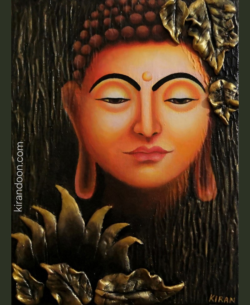 Textured Buddha face painting with gold relief leaves