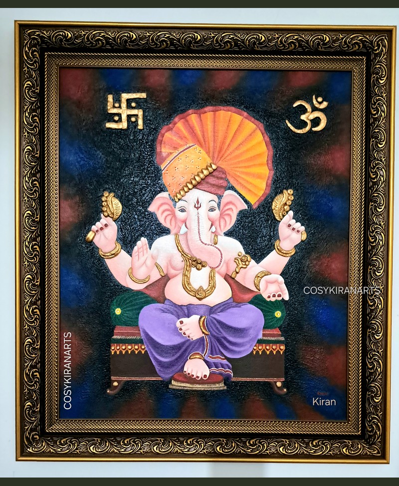Framed painting of Lord Ganesha seated on a throne