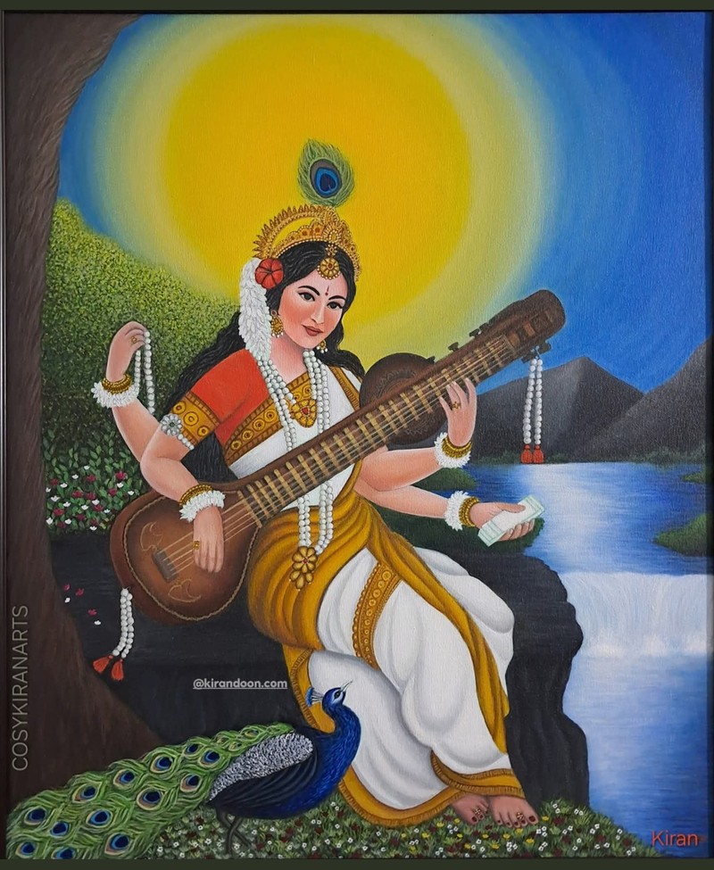 Painting of Goddess Saraswati playing the veena beside a peacock
