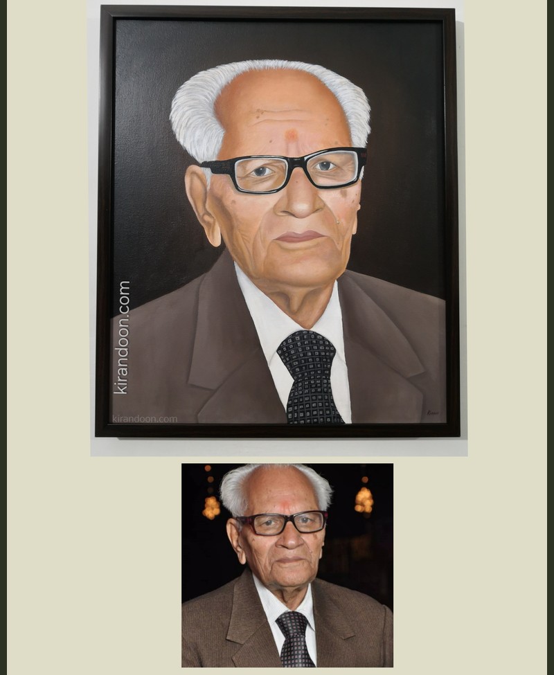 Custom framed portrait painting of an elderly man in a suit