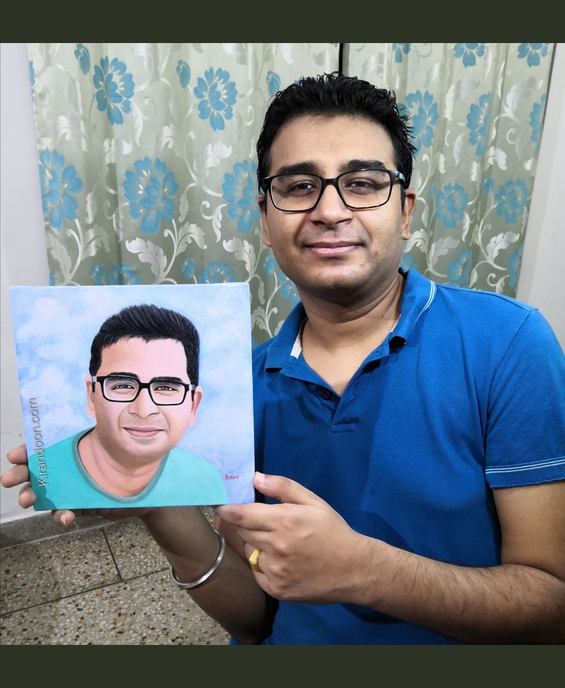 Custom portrait painting of a man with glasses on a sky-blue background