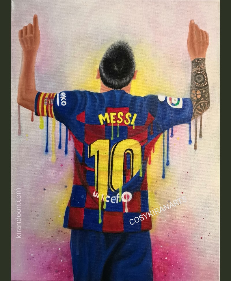 Painting of a footballer in a Messi number 10 jersey with paint-drip effect