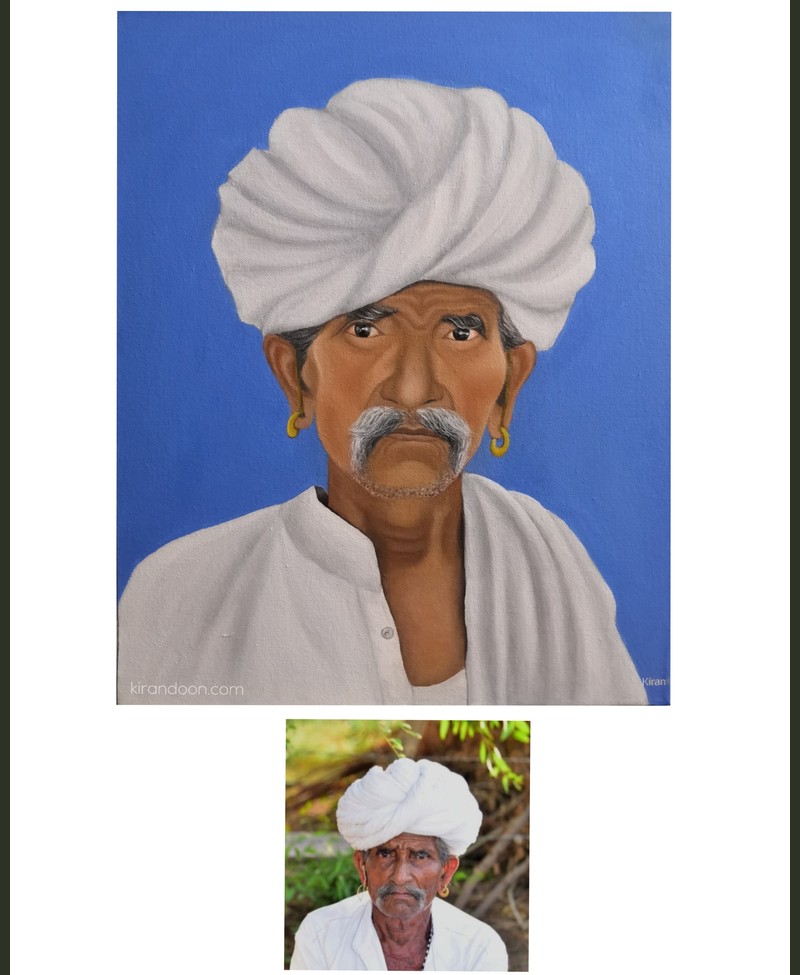 Custom portrait painting of a Rajasthani elder in a white turban