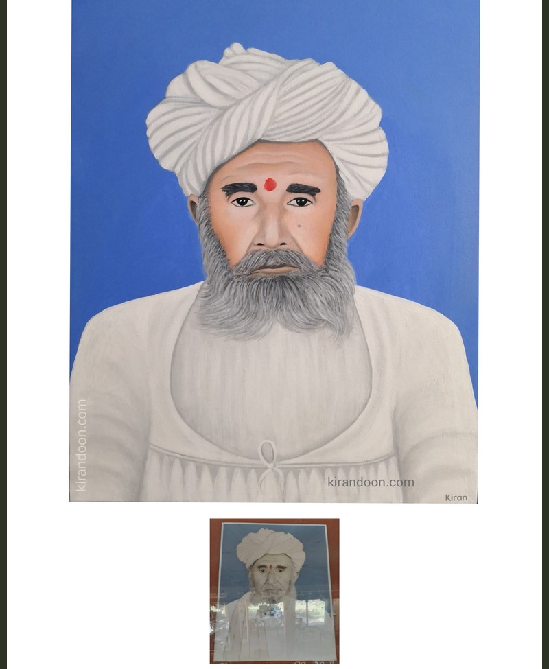 Custom portrait painting of a bearded elder in a white turban with a red tilak