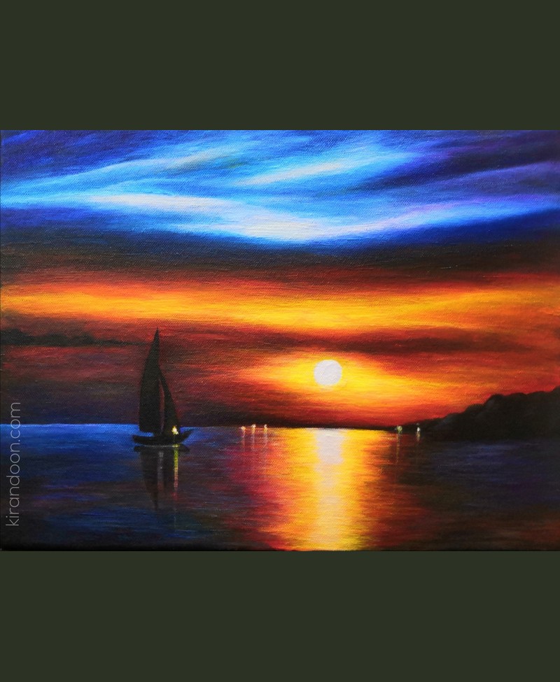 Sailboat at sunset over calm water, oil painting