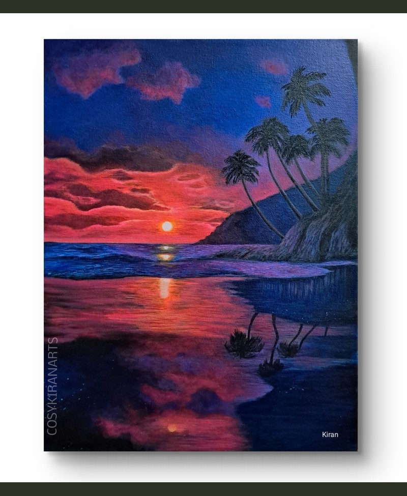 Tropical beach sunset painting with palm trees