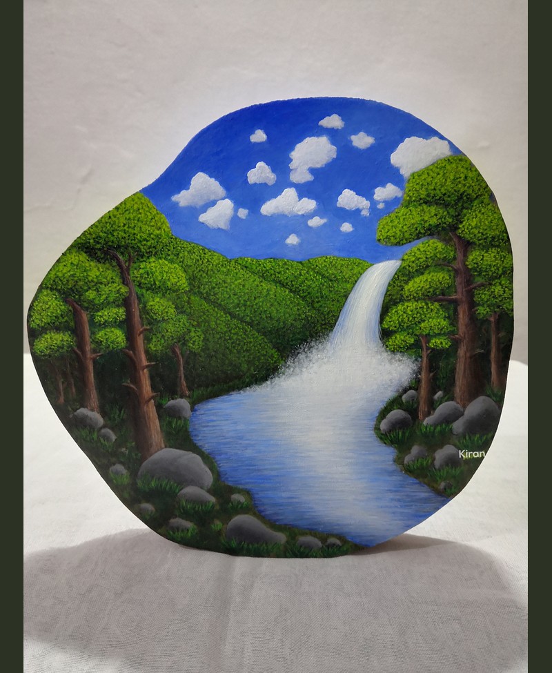 Round-shaped forest waterfall landscape painting